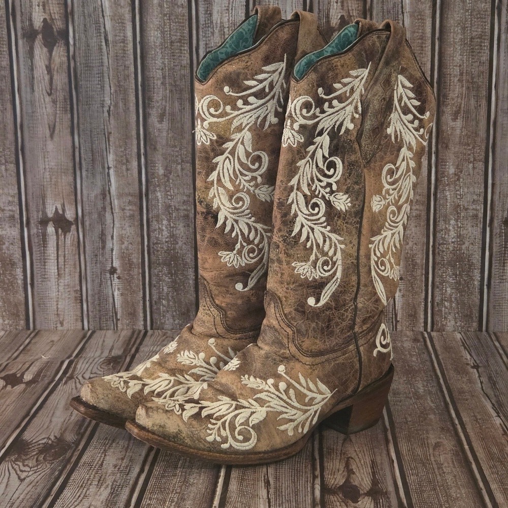 Sz 8 M Corral Glow in the Dark Brown Leather Embroidered Snip Toe Boots VGUC